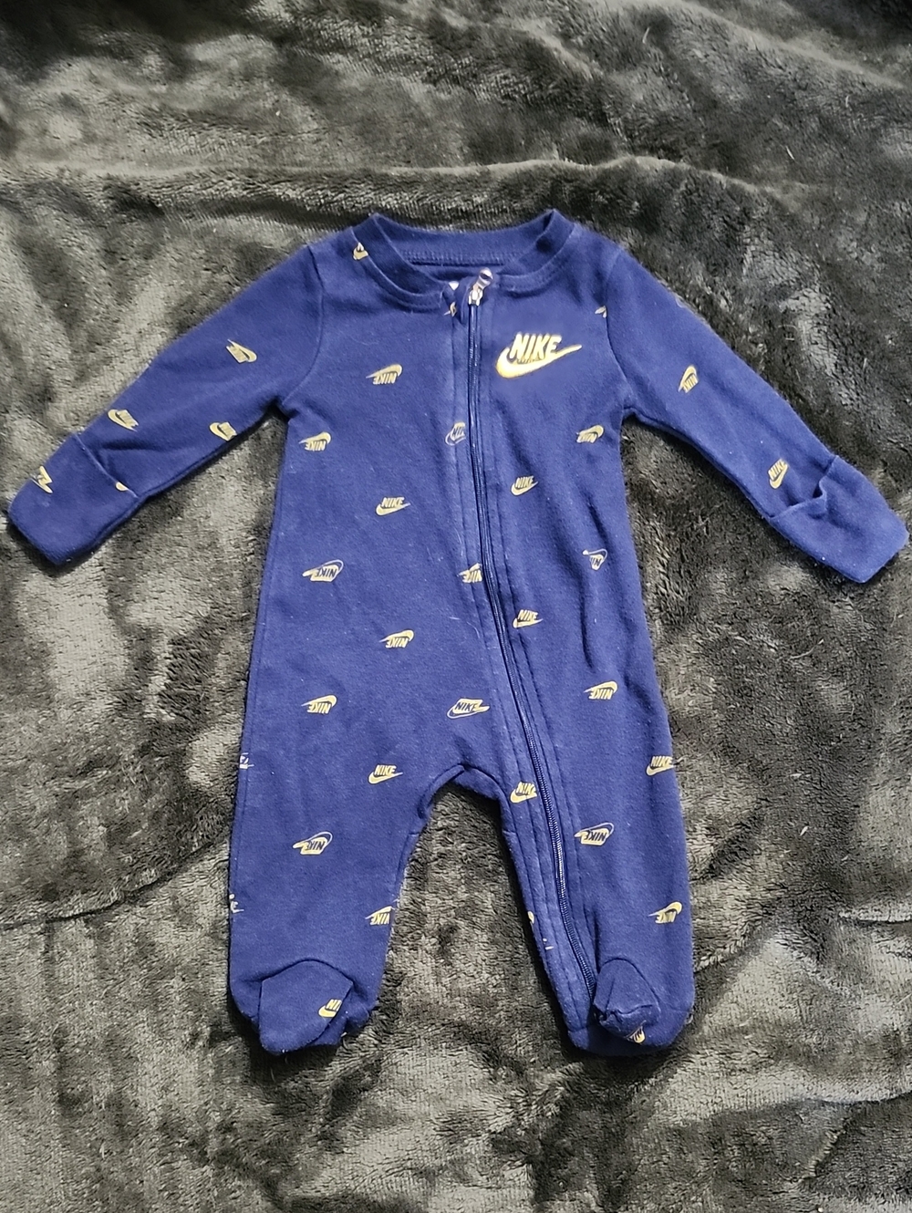 Nike Navy Blue Baby Footed One-Piece with Logo Print
